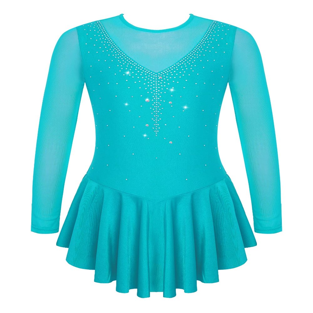 YOOJOO Girls Long Sleeves Figure Ice Skating Dress Kids Leotard Roller Skating Rhinestones Sheer Mesh Ballet Dance Dress Lake Green 12 Years