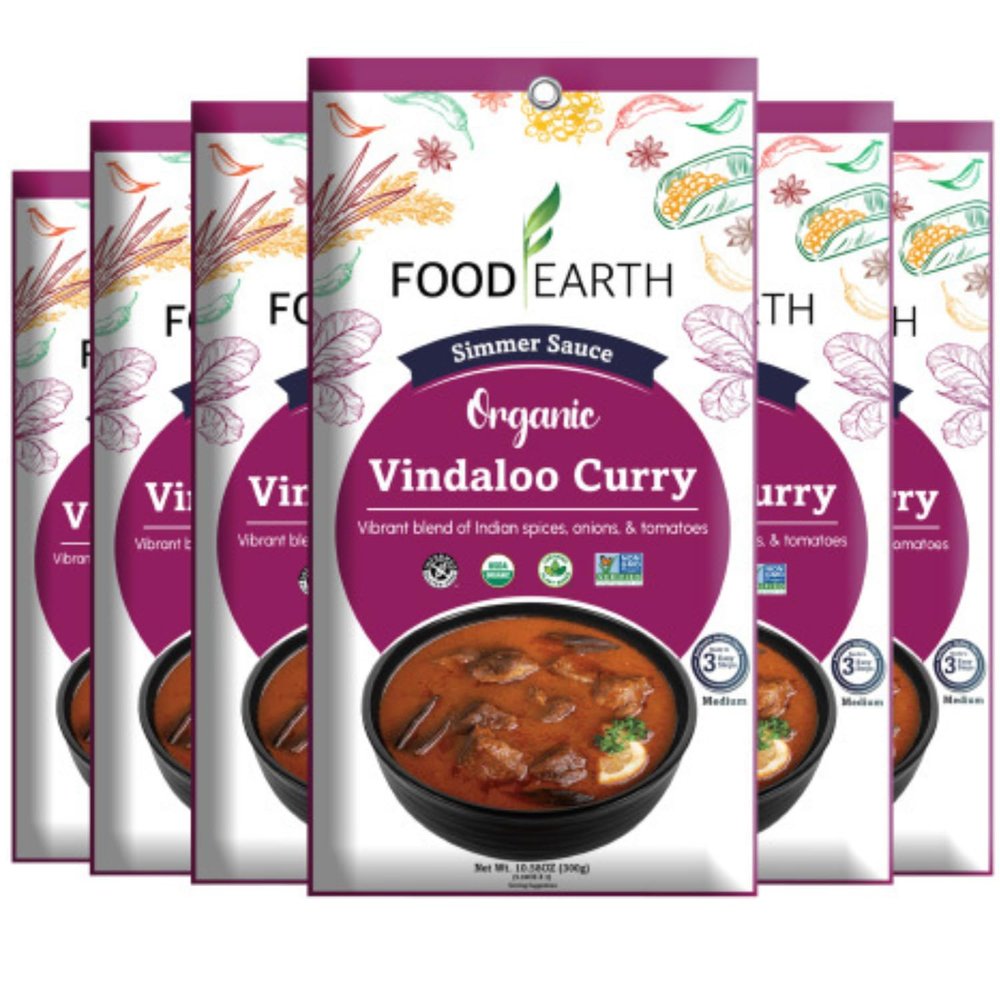 Food Earth Indian Simmer Sauce Vindaloo Curry Organic, Vegan, Gluten-Free, GMO-Free Microwavable Cooking Sauce pack of 6 (5.29 oz Each)