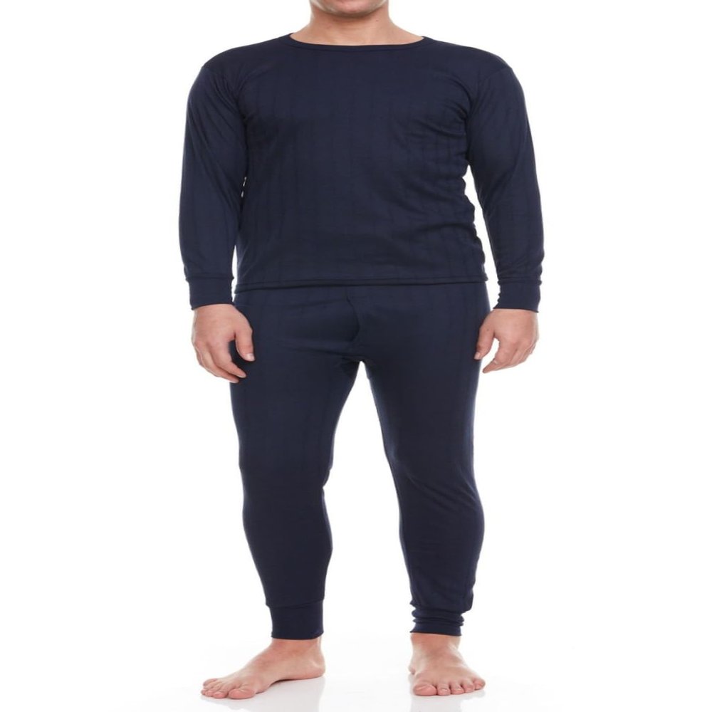Glory Max Men Fleece Lined 100% Cotton Thermal Long Johns Top Bottom Underwear Set (Navy, M)