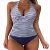 SUUKSESS Women Sexy Halter Tankini Bathing Suits Slimming Tummy Control High Waisted Swimsuits 2 Piece (White Blue Striped, M) view 1
