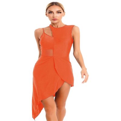 Xnihocha Women Lyrical Dance Dress One Shoulder Split Asymmetrical Modern Contemporary Ballroom Latin Dance Costume F0658Orange Large