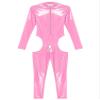 ACSUSS Womens Cutout Crotch Patent Leather Jumpsuit Zipper Stand Collar Crotchless Bodysuit Pink Medium view 3