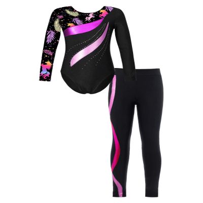 YOOJOO Kids Girls Gymnastics Dance Outfits Long Sleeve Leotard Biketard Jumpsuit with Leggings Pants Set Activewear Black&Hot Pink 8 Years