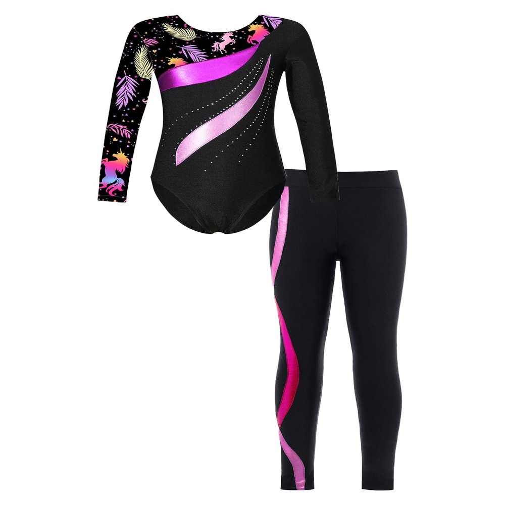 YOOJOO Kids Girls Gymnastics Dance Outfits Long Sleeve Leotard Biketard Jumpsuit with Leggings Pants Set Activewear Black&Hot Pink 8 Years