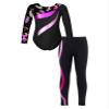 YOOJOO Kids Girls Gymnastics Dance Outfits Long Sleeve Leotard Biketard Jumpsuit with Leggings Pants Set Activewear Black&Hot Pink 8 Years view 1