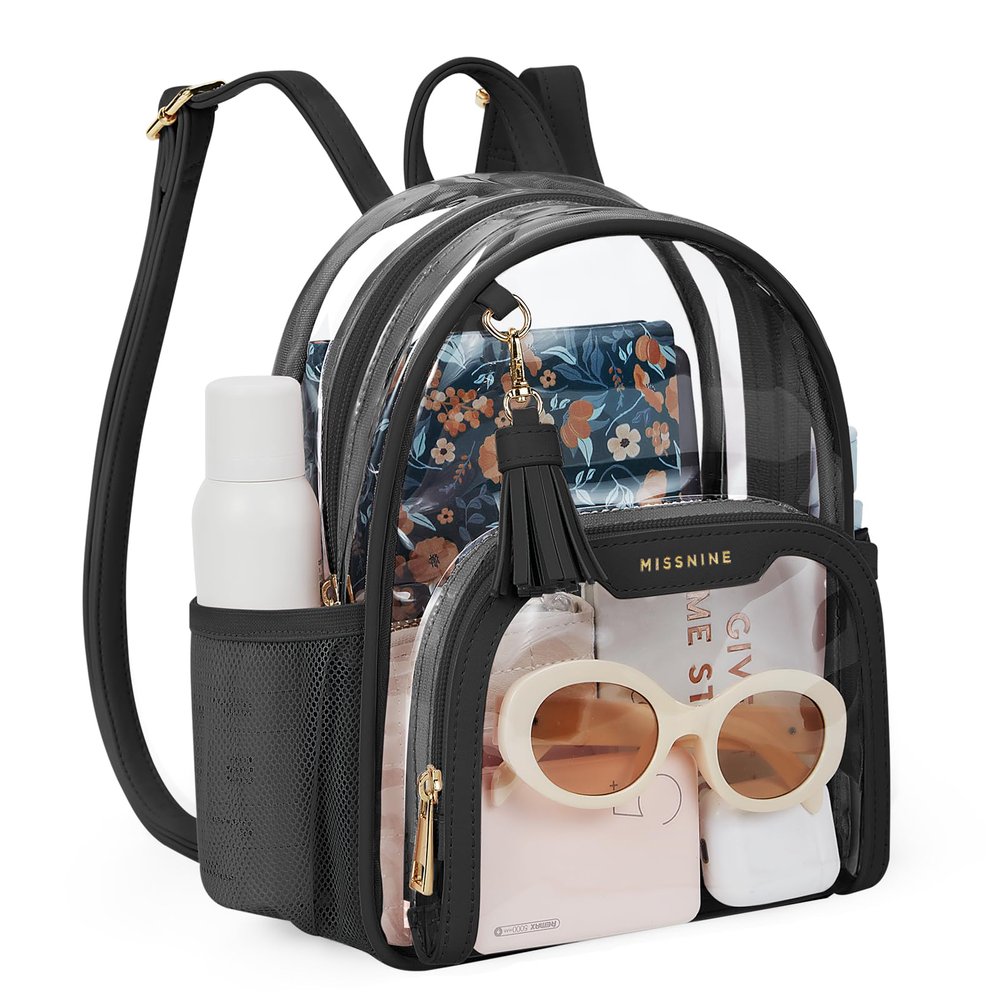 Missnine Small Clear Backpack Stadium Approved, Thick PVC Mini Clear Bag with Leather Trim for Sports Event, Concert, Festival, Black