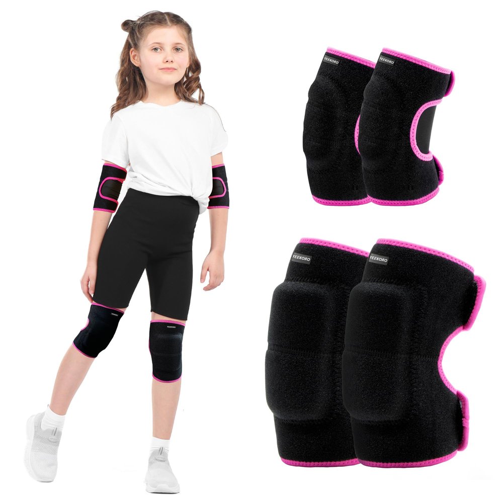 YEEKORO Kids Youth Adjustable Knee Elbow Pads Set with Thickened SBR Pads for Riding Rollerblading Skating Skateboarding Snowboarding Volleyball (Black-Pink)