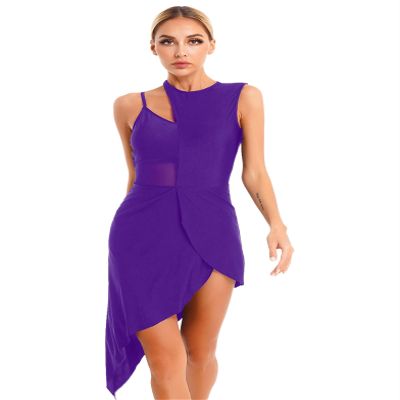 Xnihocha Women Lyrical Dance Dress One Shoulder Split Asymmetrical Modern Contemporary Ballroom Latin Dance Costume F0658Purple Small
