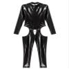 ACSUSS Womens Cutout Crotch Patent Leather Jumpsuit Zipper Stand Collar Crotchless Bodysuit Black Medium view 3
