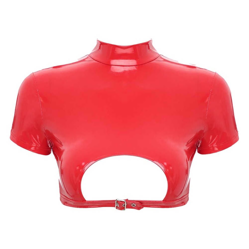 ACSUSS Women Front Cutout Crop Tops Fashion Wetlook Latex Short Sleeve Back Zipper Club Party Costume Red 4X-Large