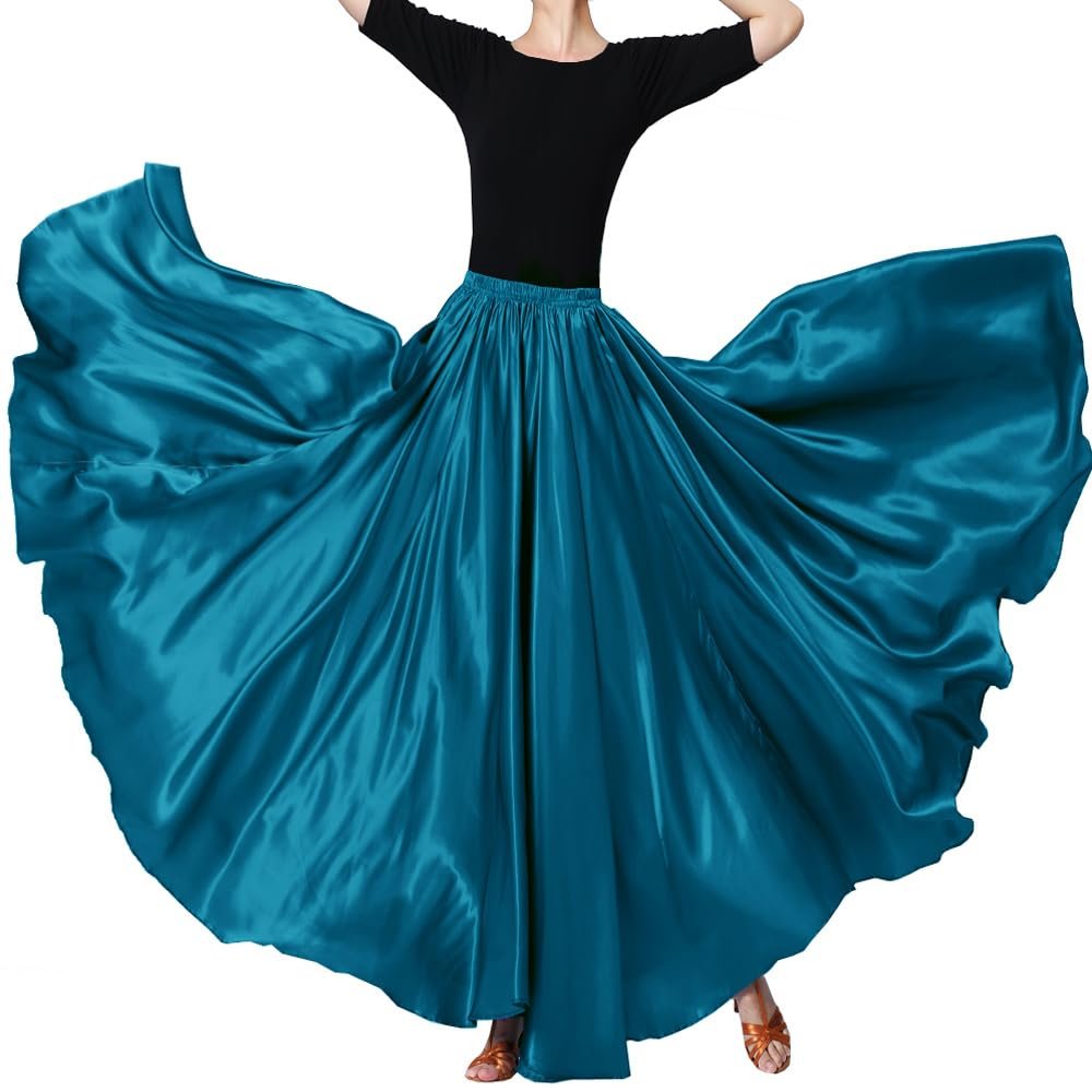 BACKGARDEN Ladies 20 Yard Elegant Satin Long Full Skirt for Ballroom Belly Dance Performance Costume Dress (Peacock Blue)
