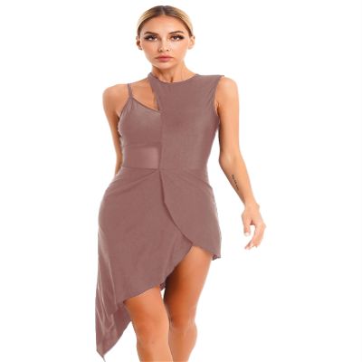 Xnihocha Women Lyrical Dance Dress One Shoulder Split Asymmetrical Modern Contemporary Ballroom Latin Dance Costume F0658Brown Small