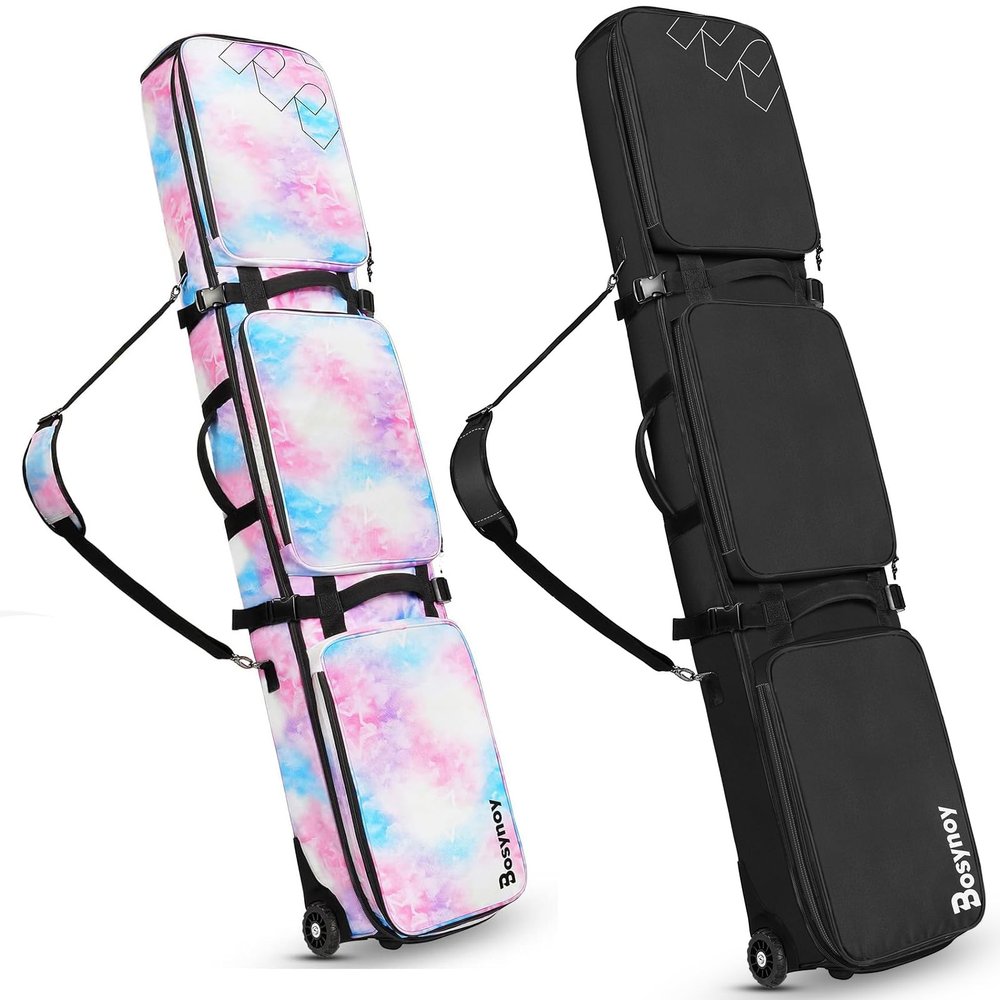 Bosynoy Ski Bag with Wheels, Waterproof Roller Snowboard Bag for Flying Air Travel, 164cm (Extendable to 175 cm) Durable Padded Ski Boot Bag Storage Ski Board Boots, Helmet, Jacket, Pink & Blk
