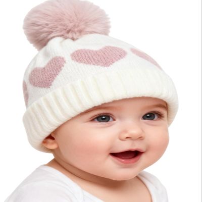 ANKOMINA Baby Winter Beanie Hat Cute Heart Pattern Cable Knitted Skull Cap with Pom Pom for Toddler Boys Girls White