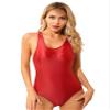 FEESHOW Women Glossy One Piece Swimsuit High Cut Backless Thong Bodysuit Bathing Suit Red X-Large view 1