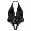 Freebily Women's Lingerie Leather Bodysuit Open Crotch Catsuits Deep V Neck Backless Latex Leotard Black 3X-Large view 4