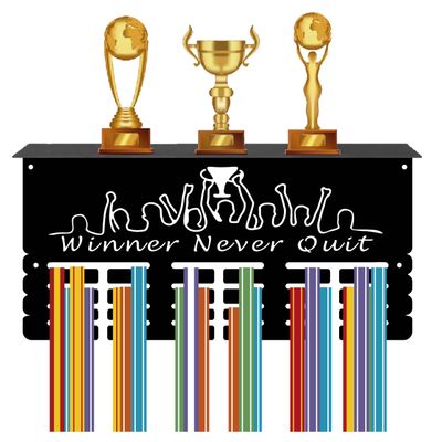 CREATCABIN Medal Hanger Display with Shelf Stand - Sports 4 Rows Wall Mount Hold 70+ Medals for Gymnastics Soccer Running Swimming Awards Rack 15.7 x 7.9Inch - Winner Never Quit