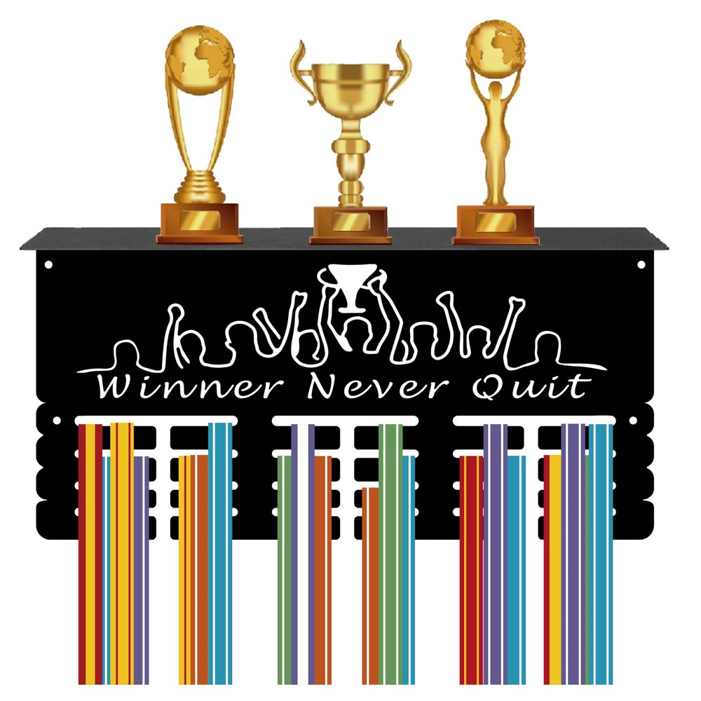 CREATCABIN Medal Hanger Display with Shelf Stand - Sports 4 Rows Wall Mount Hold 70+ Medals for Gymnastics Soccer Running Swimming Awards Rack 15.7 x 7.9Inch - Winner Never Quit