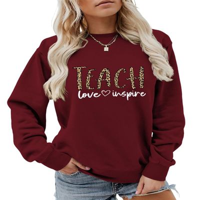 ESIKAH Teach Love Inspire Sweatshirt Leopard Print Teacher Gift Shirt Inspirational Teach Sweater Women Crewneck Pullover Top Wine Red
