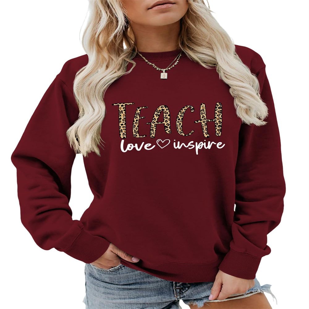 ESIKAH Teach Love Inspire Sweatshirt Leopard Print Teacher Gift Shirt Inspirational Teach Sweater Women Crewneck Pullover Top Wine Red