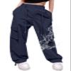 Cromoncent Girls High Waist Parachute Pants Y2K Cargo Trousers with Pockets, Navy, 11-12 Years = Tag 160