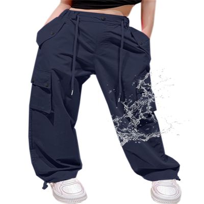 Cromoncent Girls High Waist Parachute Pants Y2K Cargo Trousers with Pockets, Navy, 6-7 Years = Tag 130