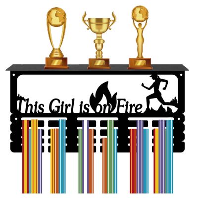CREATCABIN Medal Holder Trophy Shelf Display with Shelf Stand Sports 4 Rows Wall Mount Hold 70+ Medals for Gymnastics Running Swimming Awards Rack 15.7 x 7.9 Inch-This is on Fire
