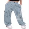 Cromoncent Girls High Waist Parachute Pants Y2K Cargo Trousers with Pockets, Light Blue, 6-7 Years = Tag 130