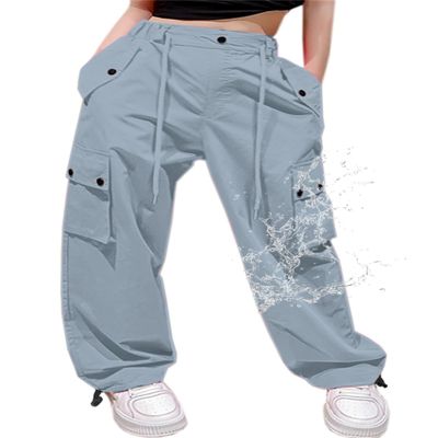 Cromoncent Girls High Waist Parachute Pants Y2K Cargo Trousers with Pockets, Light Blue, 11-12 Years = Tag 160