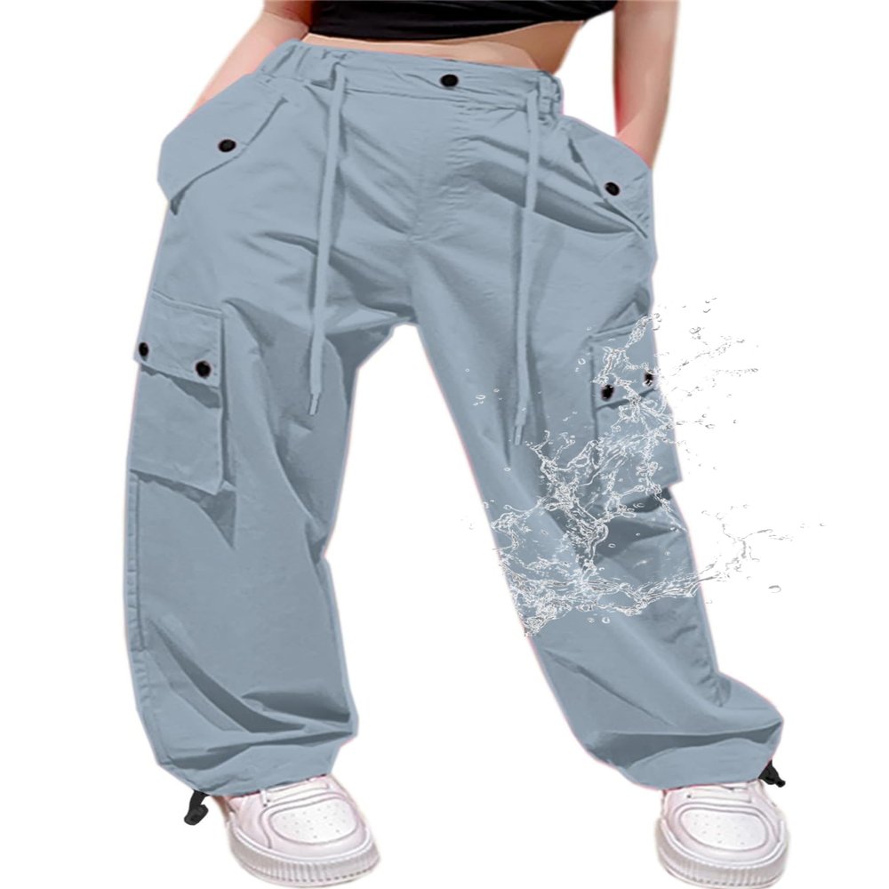 Cromoncent Girls High Waist Parachute Pants Y2K Cargo Trousers with Pockets, Light Blue, 11-12 Years = Tag 160