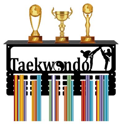 CREATCABIN Taekwondo Medal Holder Trophy Shelf Medal Hanger Display with Shelf Stand Sports 4 Rows Wall Mount Hold 70+ for Men Gymnastics Soccer Running Swimming Awards Rack 15.7 x 7.9 Inch