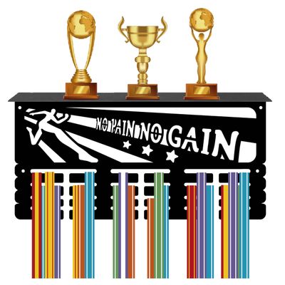 CREATCABIN Medal Holder Trophy Shelf Medal Hangers Display with Shelf Stand Sports 4 Rows Wall Mount Hold 70+ Medals for Gymnastics Soccer Running Swimming Awards Rack 15.7 x 7.9 Inch-NO PAIN NO GAIN