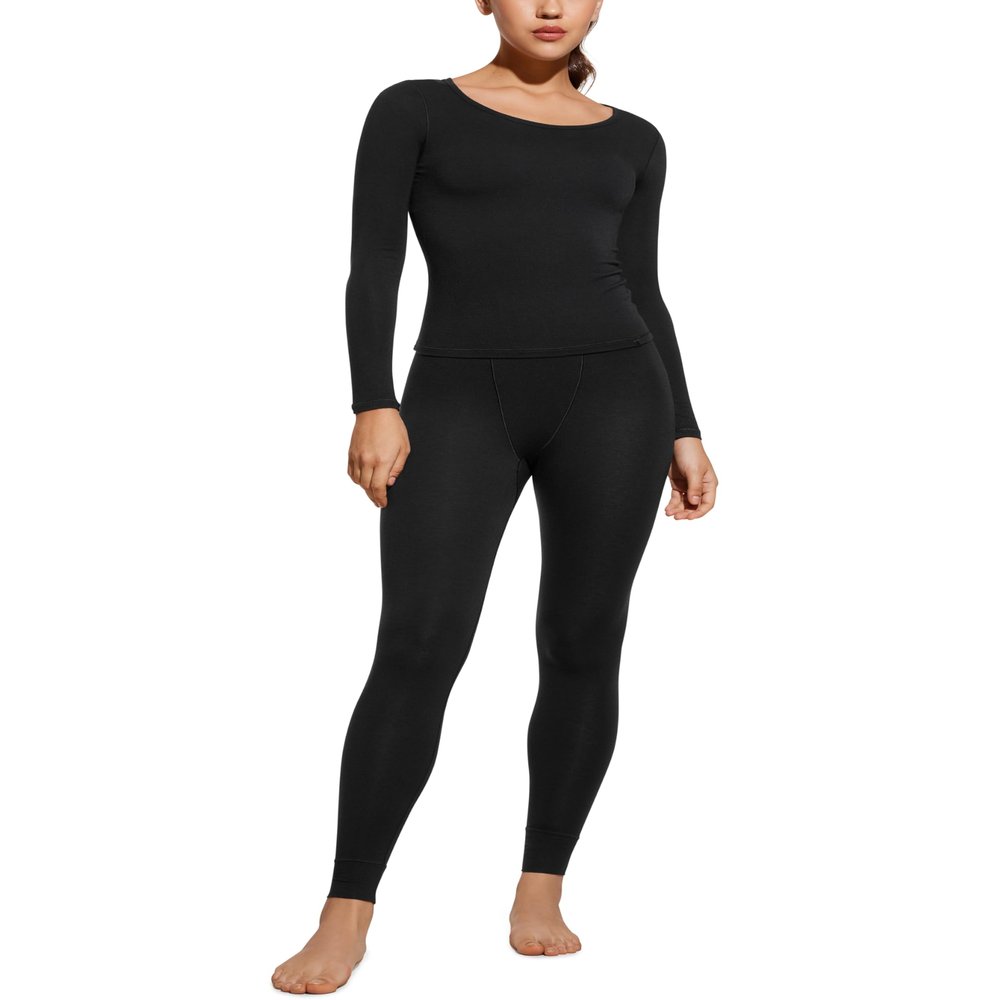 CRZ YOGA Soft Thermal Underwear Sets for Women Lightweight Long Johns Base Layer Pajamas Warm Top Bottom Black X-Small