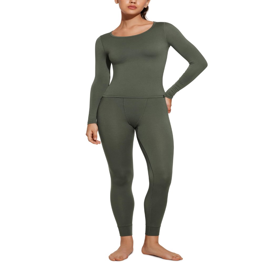 CRZ YOGA Soft Thermal Underwear Sets for Women Lightweight Long Johns Base Layer Pajamas Warm Top Bottom Light Army Green Medium
