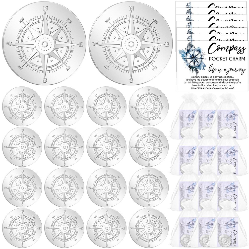 50 Sets Compass Pocket Tokens Bulk  Motivational Coins with ''Life is a Journey'' Quote, Cards & Organza Bags, Orientation Gifts for Students, Teachers, Friends