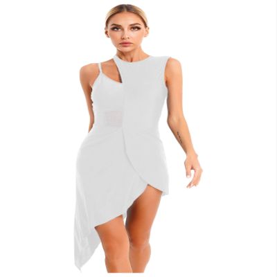 Aislor Women's Latin Salsa Ballroom Dance Dress Sheer Mesh Patchwork Asymmetrical Hem Dress Dancewear White Small