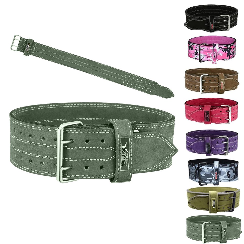 MRX Powerlifting Leather Belt 4" Wide 10mm Thickness Training Fitness Back Support Bodybuilding Belts with Steel 2 Prong Buckle Olive Green New (Medium)