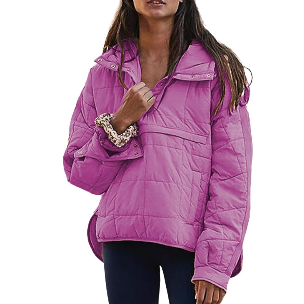 Canbebig Clearance Women's Oversized Pullover Puffer Jacket Long Sleeve Hooded Lightweight Warm Quilted Hoodies Coat C-Purple
