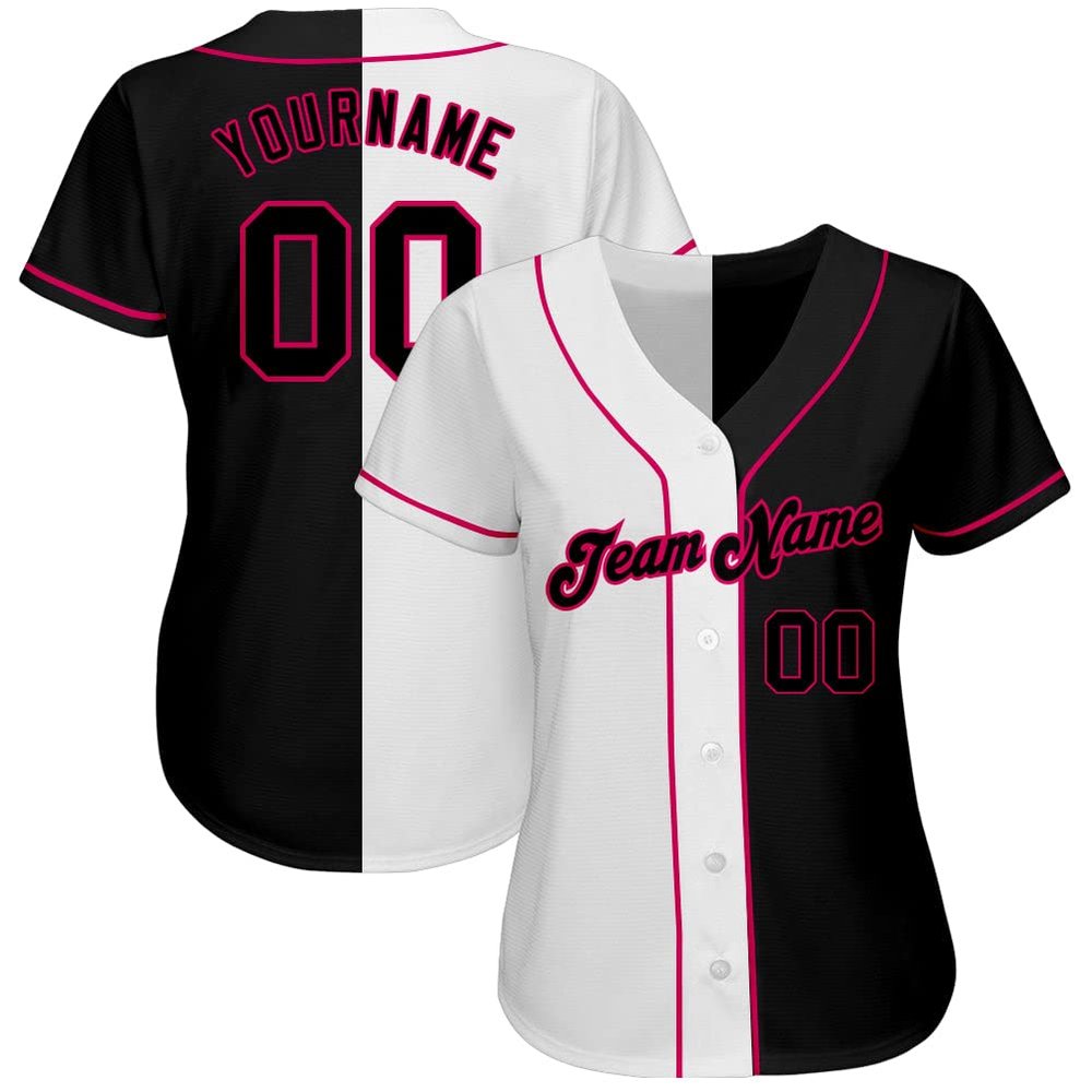 Custom Name Team Number Personalized White-Black Pink Authentic Split Fashion Active Baseball Jersey for Men Women Youth, Personalized Team Name Number Women Button Down Baseball Team Shirts