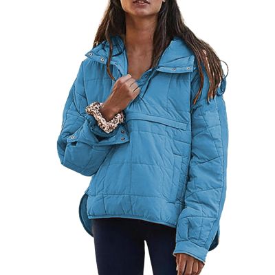 Canbebig Clearance Womens Casual Padded Full Zip Stand Collar Long Sleeve Puffer Jackets C-Blue