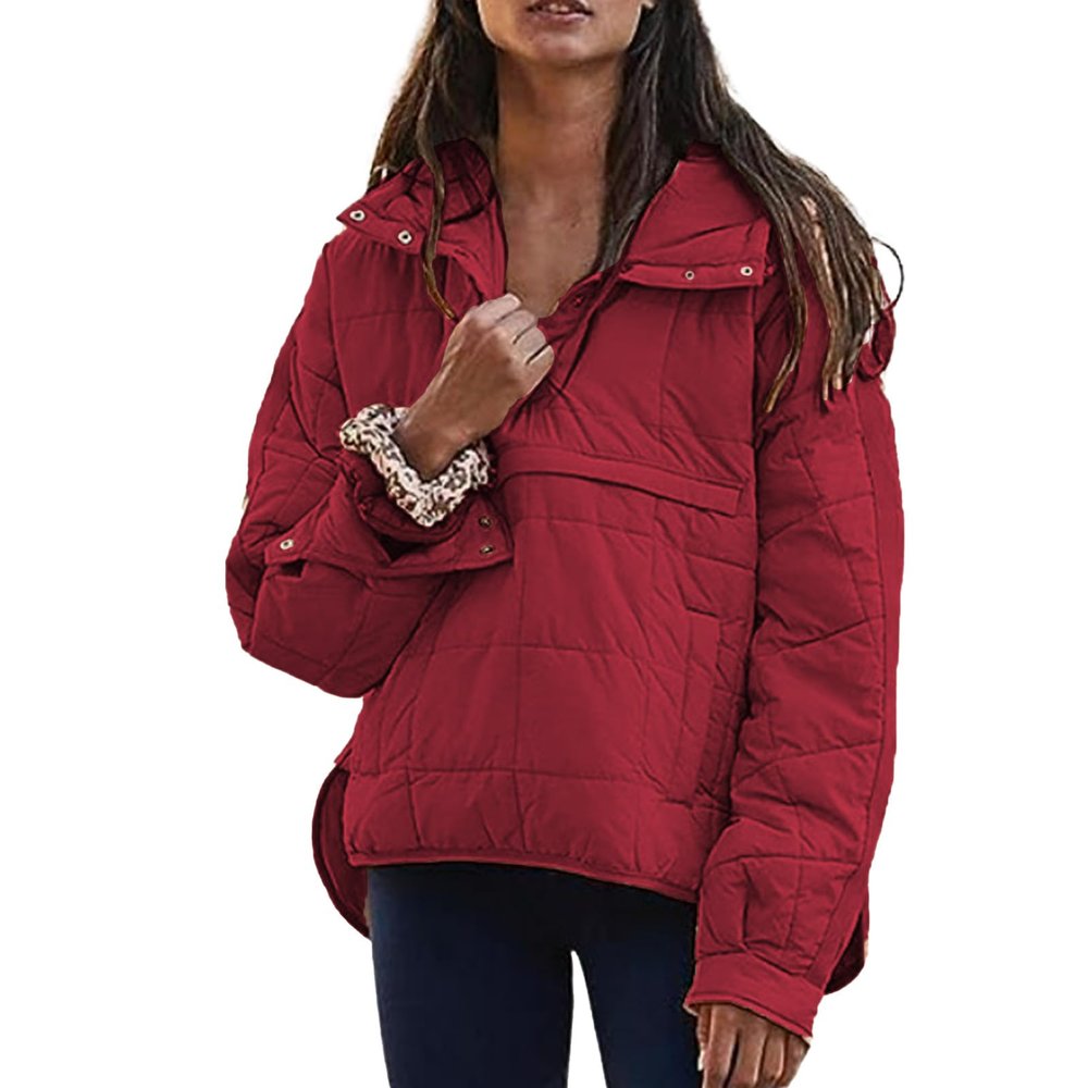 Canbebig Clearance Women's Pullover Puffer Jacket Quilted Lightweight Dolman Sleeve Button Down Hooded Padded Coat with Pocket C-red
