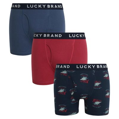 Lucky Brand Mens Boxer Briefs - 3 Pack Classic Mens Underwear Boxer Briefs with Functional Fly - Soft Cotton Boxers for Men, Size Medium, Vintage Indigo/Indigo/Earth Red