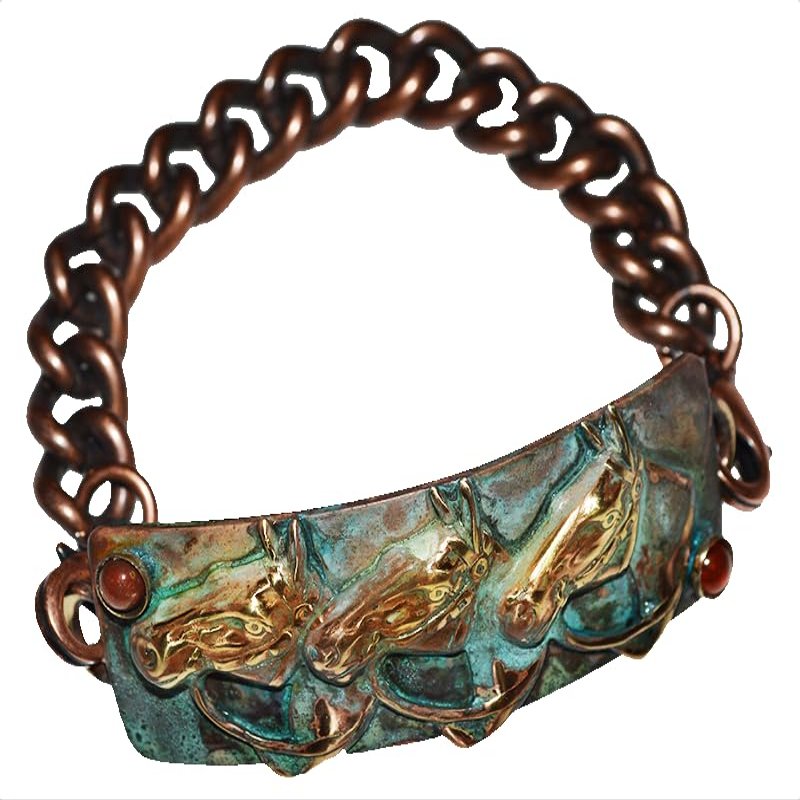 Elaine Coyne Collectible Artwear Unisex Equestrian Curved Verdigris Patina Rectangle Tri Horse Head Rockband - Carnelian and Jasper (8)
