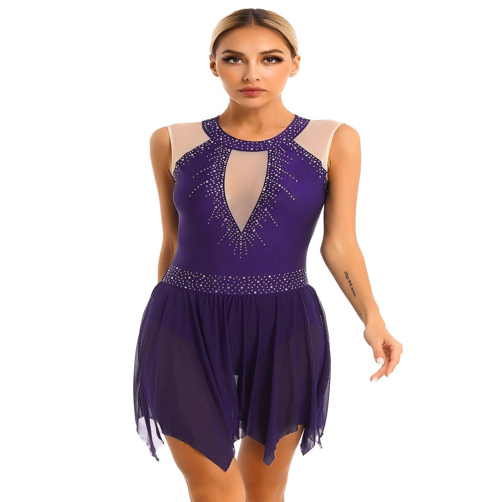 Xnihocha Womens Lyrical Dance Costume Glitter Rhinestone Sleeveless Mesh Tulle Leotard Dress Figure Skating Dance Dress F0737Purple X-Large