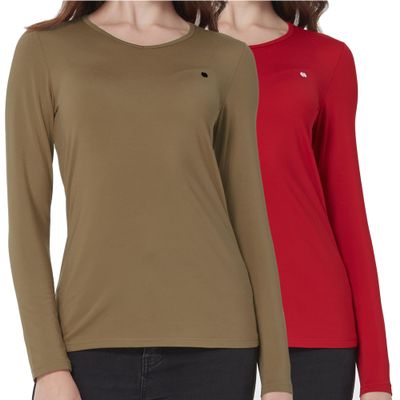 SSLR 2 PackWomen's Thermal Tops, Thermal Underwear for Women Long Sleeve Tee Shirts Basic Layering V Neck Fleece (XX-Large, Khaki and Red)
