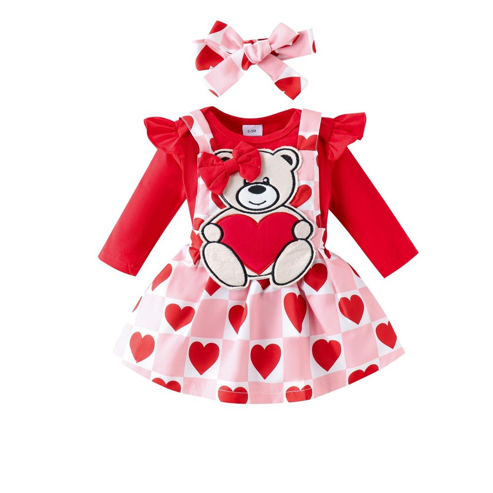 Baby Girl Christmas Outfit Long Sleeve Romper Onesie Deer Plaid Suspender Skirt Set Cute Fall Winter Clothes (Red-Love Heart Bear, 3-6 Months)