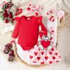 Baby Girl Christmas Outfit Long Sleeve Romper Onesie Deer Plaid Suspender Skirt Set Cute Fall Winter Clothes (Red-Love Heart Bear, 3-6 Months) view 2