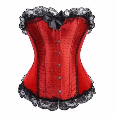 Corsets for Women Bustier Basques Floral Lace Trim Satin Waist Cincher Plus Size Cosplay Costume Victorian Red M