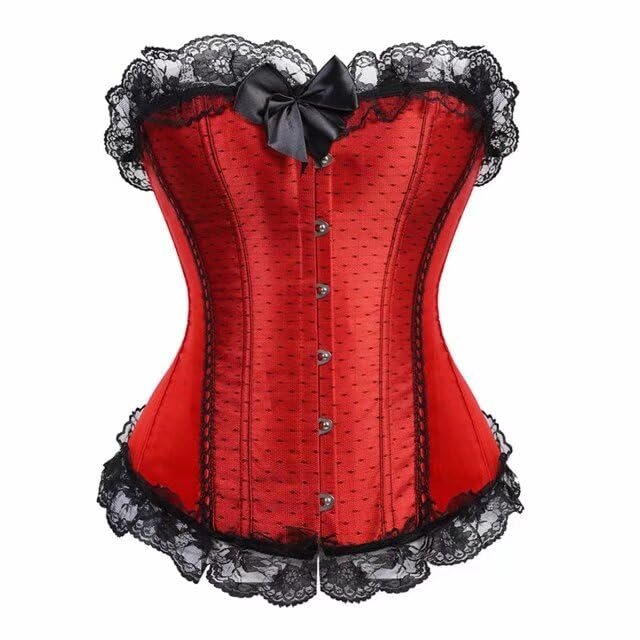 Corsets for Women Bustier Basques Floral Lace Trim Satin Waist Cincher Plus Size Cosplay Costume Victorian Red M