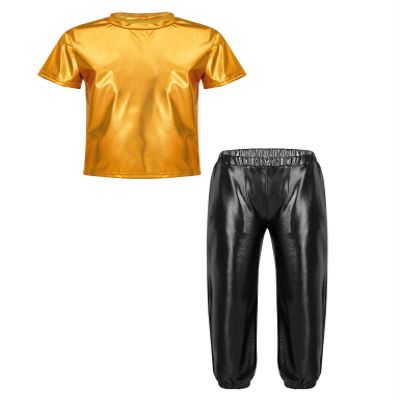 Loodgao Kids Girls Boys Shiny Dance Costume Leather Short Sleeve T-Shirts with Jogger Pants Set 2 Piece Sports Outfits Metallic 16 Years